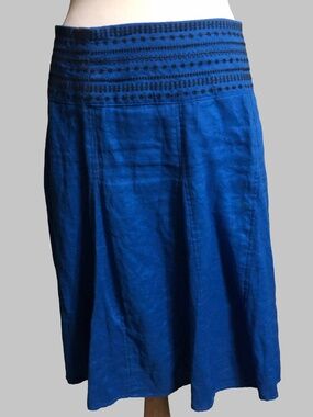 Richard Malcolm VTG Cobalt Blue 100% Linen Embroidered Midi Skirt Size 10